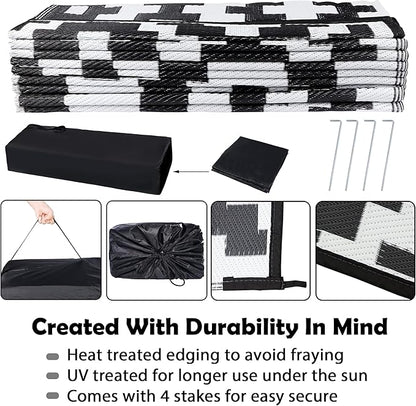 SAND MINE Waterproof Outdoor Rug 9x18 ft, Plastic Straw Rug, Modern Area Rug, Large Floor Mat, RV, Patio, Backyard, Deck, Picnic, Beach, Trailer, Camping (9' x 18', Black & White Lattice)