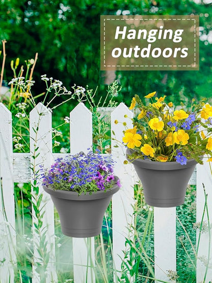 MADHOLLY 6Pcs Vertical Hanging Planters for Outdoor Plants - Wall Plant Holder for Indoor Decorations Garden Fence, Plastic Flower Pots with Drainage Grid and Hooks (Gray)