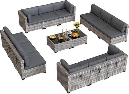 12-Seat Modular Patio Furniture Set – Outdoor Wicker Sectional Sofa with Thick 4″ Cushions, Dual-Strand PE Rattan, Rust-Resistant 18 mm Steel Frame, Backyard Garden Deck Lounge,Black