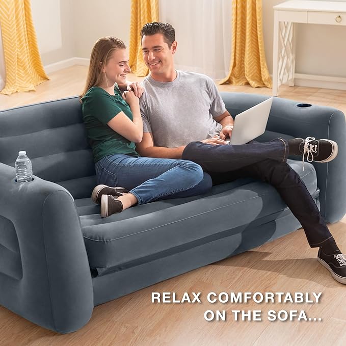 Intex Inflatable Pull-Out Sofa: Velvety Surface, 2-in-1 Valve, Cupholder, 46" x 88" x 26" - Blow-Up Couch and Folding Queen Size Air Mattress Bed