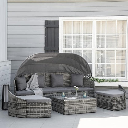 Outsunny 4-Piece Outdoor Rattan Furniture Set, Round Convertible Patio Daybed or Sunbed, Sectional Sofa with Canopy, Pillows, Cushions, Footrest, Table, PE Plastic Wicker, Gray