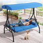 Grepatio Outdoor Porch Swing with Canopy and Stand, 3 Person Patio Swing for Adults, Convertible 2 in 1 Porch Bed Swing with Cup Holder, 3 Seat Swings with 2 Pillow Cushions for Garden, Yard (Blue)