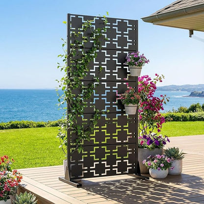 Casaphoria Metal Privacy Screen Outdoor, 60" H x 30" W Freestanding Decorative Privacy Screen for Patio Deck Balcony Garden with Stable Base, Black-Square