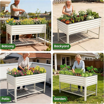 Elevated Raised Garden Bed 2' x 4'- Galvanized Metal Planter Boxes with Legs & Storage Rack, Outdoor Planters for Backyard/Patio/Balcony, with Drainage Holes for Vegetables, Flowers, Herbs, White