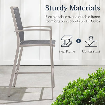Best Choice Products Outdoor Bar Stools Set of 2, Bar Height, Patio Furniture, All Weather Mesh Design w/Armrest - Taupe/Charcoal