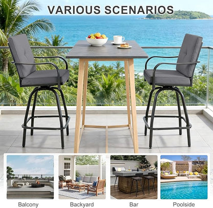 Patio Swivel Bar Stools Set of 4, Outdoor Bar Height Swivel Chairs with Cushions for Garden Balcony Backyard, Grey