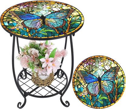 Outdoor Side Table Round Small Mosaic Patio Accent Indoor End Plant Coffee Tea Table for Yard Patio Porch Garden Living Room, Bedroom(Butterfly Style,18 Inch)