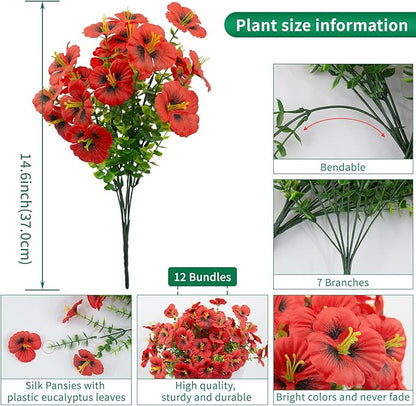 12 Bundles Artificial Pansy Flowers for Outdoor, Faux Silk Pansies Spring Flowers Outside for Planter Front Door Porch Patio Yard Window Box Home Decor (Red)