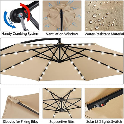 Yaheetech 10FT Solar Offset Umbrella with 32 LED Lights Cantilever Hanging Outdoor Umbrellas Handy Crank & Cross Base for Lawn/Deck/Backyard/Pool Tan