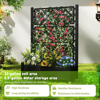 Raised Garden Bed with Trellis, 21 Gallon Self Watering Planter Box with Lockable Wheels & Drainage Holes for Climbing Plants Vegetables Flowers, Anti-Rust Resin for Backyard Patio (Black)