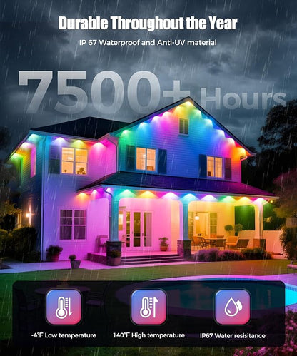 POOFZY Permanent Outdoor Lights for House,200ft RGB+IC Smart Outdoor Decor, 50 Scene Modes,App/Remote Control,for Christmas,Super Bowl,V-Day,Thanksgiving,Daily & Holiday Party Decor