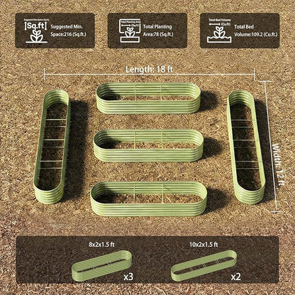 5-Pack 18” Tall Galvanized Raised Garden Beds – Everyday Kitchen Garden Layout, Fits 200 Sq Ft Patio or Backyard, 10x2x1.5 ft & 8x2x1.5 ft Metal Flower Bed for Herbs Vegetable - Moss Green