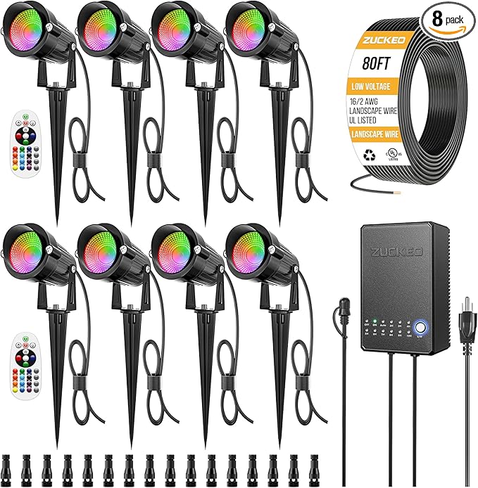 ZUCKEO All-in-One RGBW Landscape Lighting Kit, 5W Color Changing Low Voltage Landscape Lights with Transformer and 80FT Wire, LED Multi-Color Landscape Spotlights for Holiday Yard Garden House, 8Pack