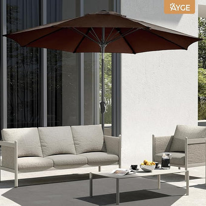 Ayge 9FT Large Outdoor Patio Umbrella Market Table Umbrella-UV Resistant, Easy Push Button Tilt and Crank, 8 Sturdy Fiberglass Ribs Heavy-Duty Pool Umbrella for Deck, Backyard,Garden,Brown