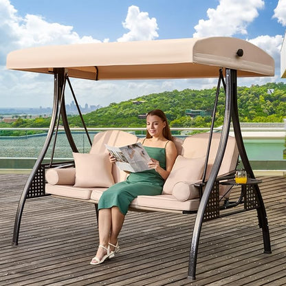 3 in 1 Outdoor Porch Swing with Adjustable Canopy, 3 Seat Outdoor Swing for Adults, Patio Swing Chair with Thickened Cushions,Pillows & Cup Holders for Backyard, Porch, Garden (Khaki)