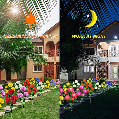 Solar Flower Lights Outdoor - Upgraded New Material Two Modes Realistic LED Solar Powered Waterproof Lights with 5 Roses, Solar Decorative Stake Lights for Garden (Red, 2 Pack)