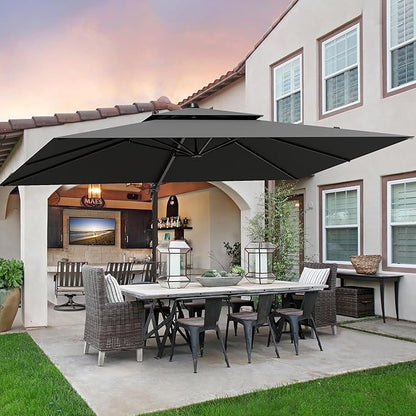 9x12FT Grey Cantilever Outdoor Patio Umbrella with Base, Large Rectangular Offset Design, Double Top Heavy Duty Aluminum Frame & 360° Rotation for Pool Garden Deck Backyard