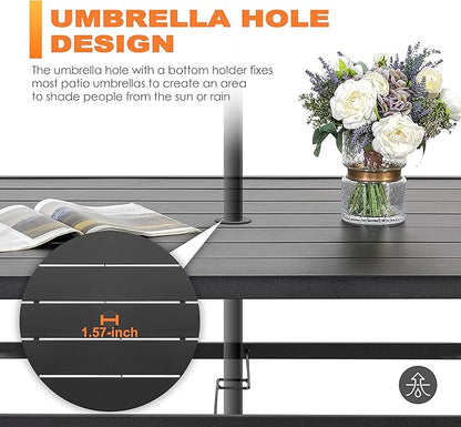 NUU GARDEN 7 Piece Outdoor Dining Set Rectangle Iron Patio Table with Umbrella Hole and 6 Swivel Chairs with Cushions Outdoor Furniture Set for Garden Backyard Black and Red