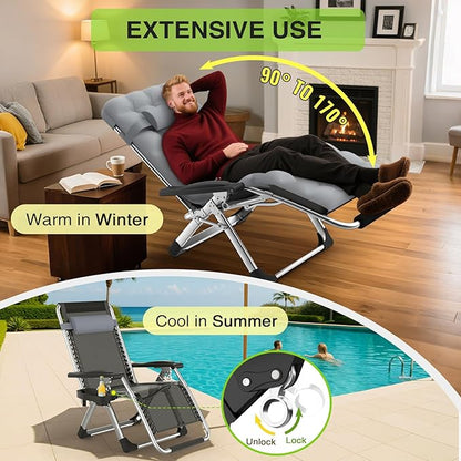 Suteck Zero Gravity Chair, Reclining Camping Lounge Chair w/Removable Cushion, Upgraded Lock and Cup Holder, Reclining Patio Chairs Folding Recliner for Indoor and Outdoor