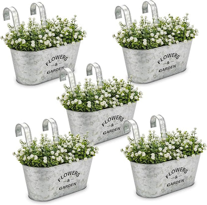 Briful 10'' Hanging Planter Outdoor 5PCS Metal Railing Planter for Herb Flower, Oval Galvanized Buckets with Detachable Hooks, Garden Fence Balcony Windowsill Hanging Pot, Silver