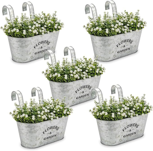 Briful 10'' Hanging Planter Outdoor 5PCS Metal Railing Planter for Herb Flower, Oval Galvanized Buckets with Detachable Hooks, Garden Fence Balcony Windowsill Hanging Pot, Silver