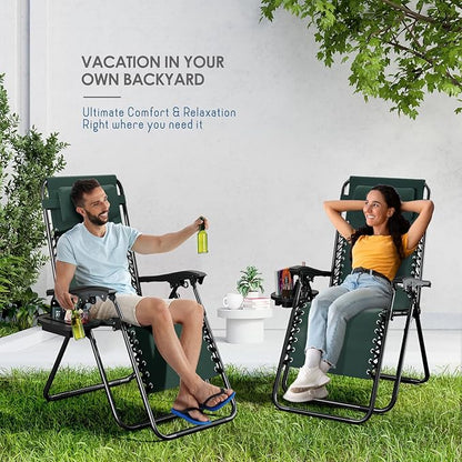 Nestl Zero Gravity Chairs Set of 4, Patio Lounge Chair Outdoor with Pillows & Cup Holder Trays, Adjustable Steel Mesh Reclining Camping Chair, Folding Patio Lawn Chair for Deck, Beach - Forest Green