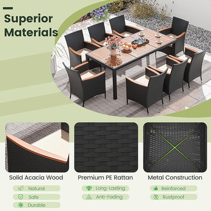 Tangkula 9 Pieces Rattan Outdoor Dining Set for 8, Outdoor Acacia Wood Table Set with 8 Cushioned Wicker Chairs, Umbrella Hole, Patio Dining Furniture Set for Deck Pool Backyard
