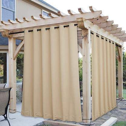 NICETOWN 2 Panels Outdoor Curtains for Patio Waterproof & Windproof, Grommet & Back Tab on Top & Bottom Weighted Drapes Keep Sun/Rain Out with Bouns Rope for Deck, Beige, W84 x L108