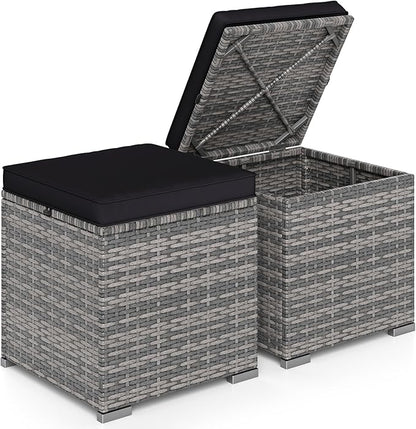 RELAX4LIFE Wicker Outdoor Storage Ottoman - 2-Piece Rattan Footstool w/Removable Cushion, Multipurpose Footrest Foot Stool Seating, Set of 2 Outdoor Ottomans for Patio Deck (Mix Grey-Black)