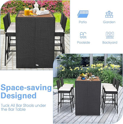 Tangkula 5 Piece Patio Wicker Bar Set, Patiojoy Outdoor Acacia Wood Bar Height Table & 4 Rattan Bar Stool Chairs with Backrest and Footrest, Outdoor Dining Bistro Set