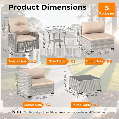 14-Seat Modern Patio Furniture Set with Swivel Rocking Chairs, Thick 4″ Cushions, Dual-Strand Wicker Rattan, Rust-Resistant Steel Frame – Outdoor Conversation & Modular Sectional,Beige