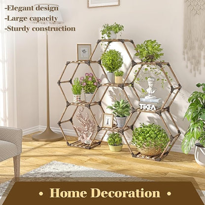 Tikea Hexagonal Plant Stand Indoor Plant Stand for Multiple Plants Outdoor Large Wooden Plant Shelf 6 Tiered 9 Potted Plant Holder Flowers Stand for Patio Balcony Window Living Room