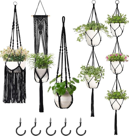 Mkono Macrame Plant Hangers, 5 Pack Different Tiers Indoor Hanging Planters Basket with 5 Hooks Decorative Flower Pots Holder Stand Boho Home Decor, Black