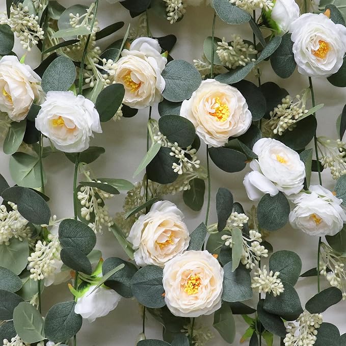 Artificial Eucalyptus Garland 2-Pack, 6.6 Ft Champagne Roses