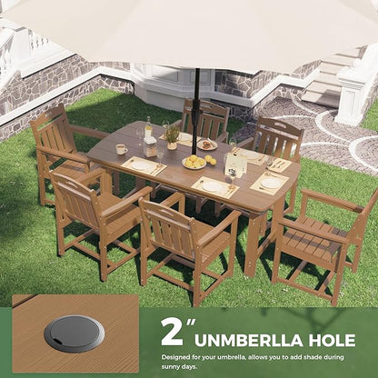 HDPE Outdoor Dining Set, Patio Table and Chairs Set, All-Weather 7-Piece Outside Table and 6 Chairs, 2" Umbrella Hole, Outdoor Furniture for Garden, Poolside, Backyard, Deck | Teak