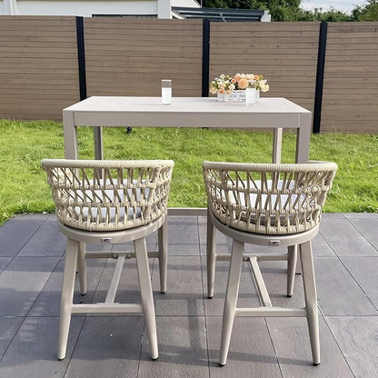 PURPLE LEAF Outdoor Rattan 24" Counter Height Bar Stools Chair Set of 2, Modern Upholstered Patio Bar Stool with Backrest for Indoor and Outdoor, Kitchen Island, Champagne