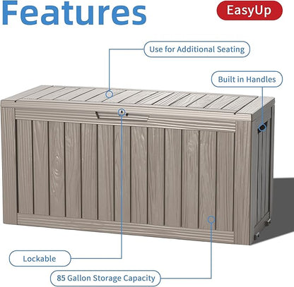 EasyUp 85 Gallon Outdoor Storage Box, Resin Waterproof UV-Resistant Deck Box, Reinforced Stability for Patio, Garden, and Poolside, Striped Gray