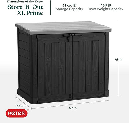 Keter Store-It-Out Prime XL 4.75 x 2.6 Foot Resin Outdoor Storage Shed with Double Doors and Easy Lift Hinges, Perfect for Trash Cans, Garden and Yard Tools, and Pool Toys, Black