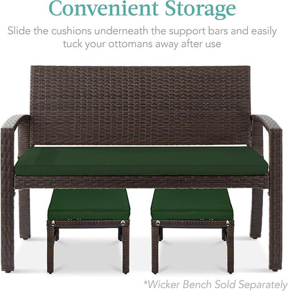 Best Choice Products Set of 2 Wicker Ottomans, Multipurpose Outdoor Furniture for Patio, Backyard, Additional Seating, Footrest, Side Table w/Removable Cushions, Steel Frame - Midnight Green/Brown