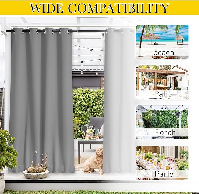 NICETOWN 2 Panels Waterproof Outdoor Curtains Fixed Grommet & Back Tab on Top & Bottom, Thermal Insulated Keep Rain & Sun Out Blackout Windpoorf Outdoor Draperies with Rope, W52 by L84, Silver Grey
