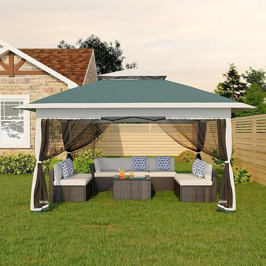 Canopy Tent 13x13 ft, Pop Up Gazebo One-Push Setup with 4 SandBags for Backyard Parties and BBQs, Mosquito Netting & Height Adjustable - Green