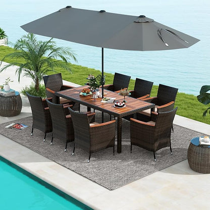 Tangkula 11 Piece Rattan Outdoor Dining Set with 15Ft Patio Umbrella for 8, Outdoor Wicker Table Set with 8 Cushioned Armchairs, Acacia Wood Top, Outdoor Umbrella with Base Included