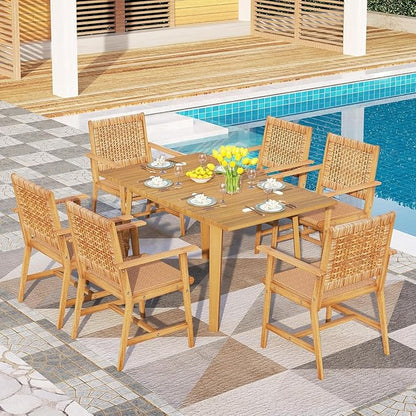 PHI VILLA 7 Pieces Acacia Wood Outdoor Dining Set for 6, Teak Large Wooden Table & Chairs with Wicker Seat and Back, Farmhouse Dining Furniture Set for Patio, Deck, Yard, Porch