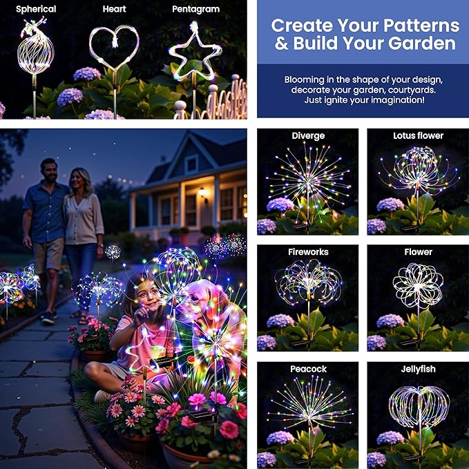 Solar Lights Outdoor, 120LED 6pack Fairy Garden Lights Decor for Outside Fireworks Lights Solar Powered for Yard, Patio, Pathway, Walkway, Balcony,Multicolor