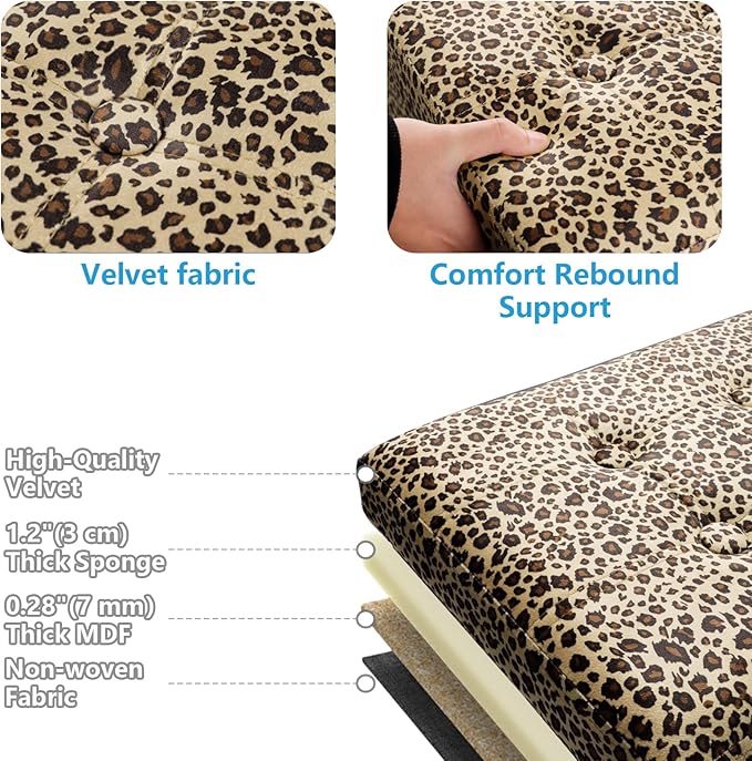 AmasSmile Storage Ottoman Folding Foot Rest Stool with Side Pocket, 17 inch Velvet Footstool Bench, Short Ottoman Bench, Storage Foot Rest Store, Blanket Chest, Leopard Print