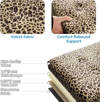 AmasSmile Storage Ottoman Folding Foot Rest Stool with Side Pocket, 17 inch Velvet Footstool Bench, Short Ottoman Bench, Storage Foot Rest Store, Blanket Chest, Leopard Print
