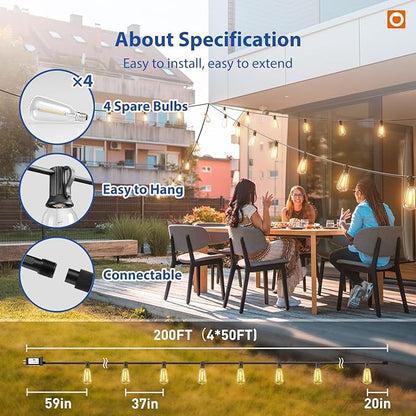 addlon 200FT(50FT*4) LED Outdoor Lights Waterproof Patio Lights with 64 Shatterproof ST38 Replaceable Bulbs(4 Spare), Dimmable Outside Hanging Light Connectable for Porch, Backyard