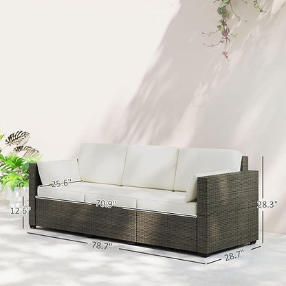 Outsunny Patio Couch PE Wicker Deep Seating Outdoor Sofa with Removable Cushions, 3 Seater Rattan Sofa, Outdoor Furniture for Balcony, Deck, Garden and Poolside, Cream White