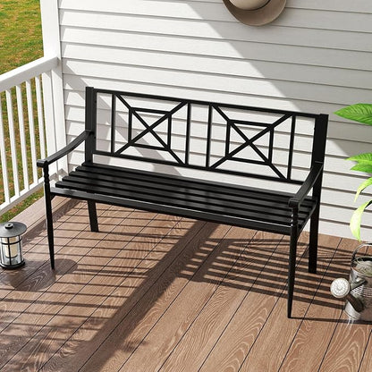 Giantex Metal Outdoor Bench with Backrest, Curved Armrests, Non-Slip Foot Pads, Slatted Seat for 2-3 Persons, Load 660lbs, Loveseat, Patio Bench for Garden, Yard, Poolside, Lawn, Porch, Park, Black