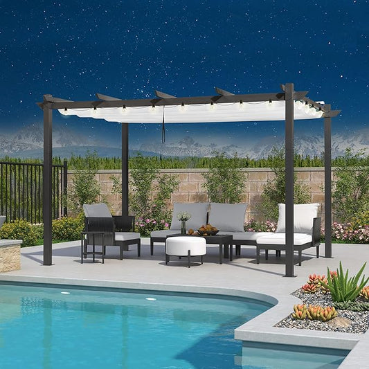 PURPLE LEAF 10' x 13' Outdoor Retractable Pergola with Double Sun Shade Canopy Patio Aluminum Pergola Metal Shelter with Light for Backyard Deck Garden, White